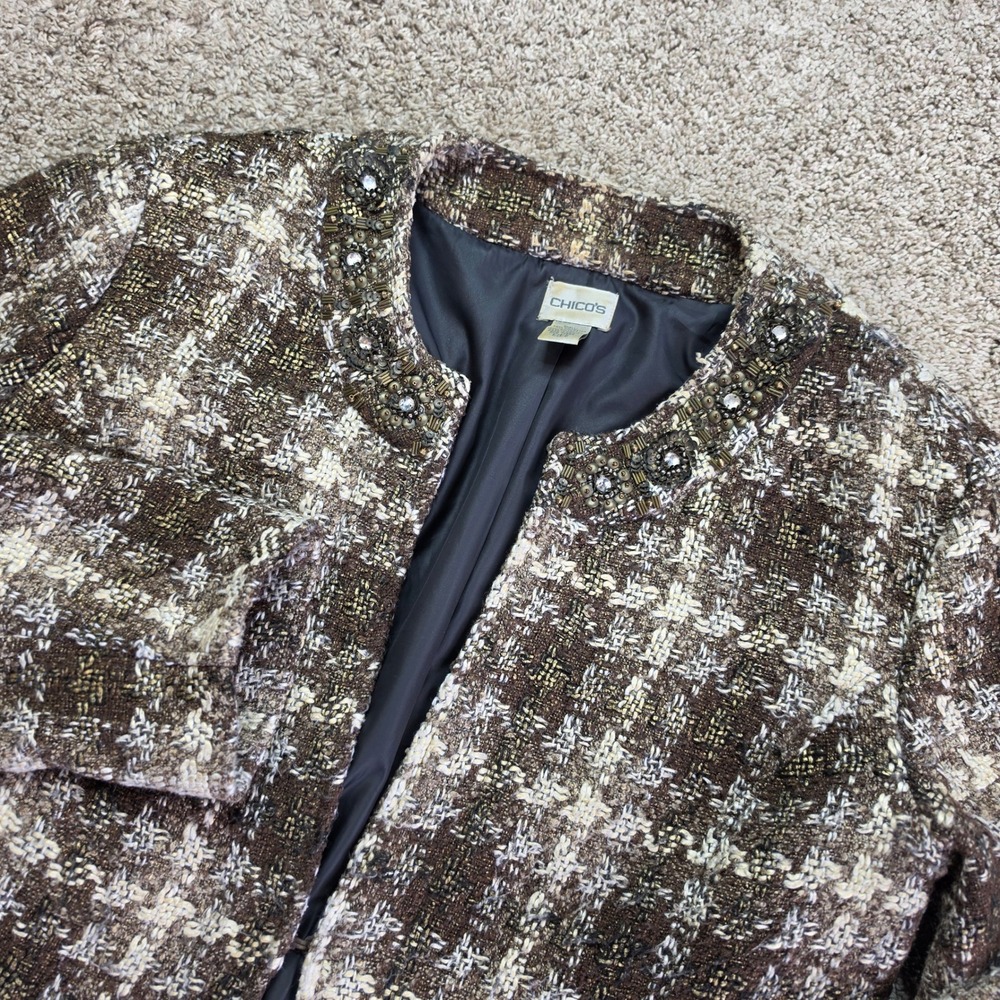 Chico's Tweed Embellished Blazer Jacket Women 2 Brown Gold Plaid Metallic Career